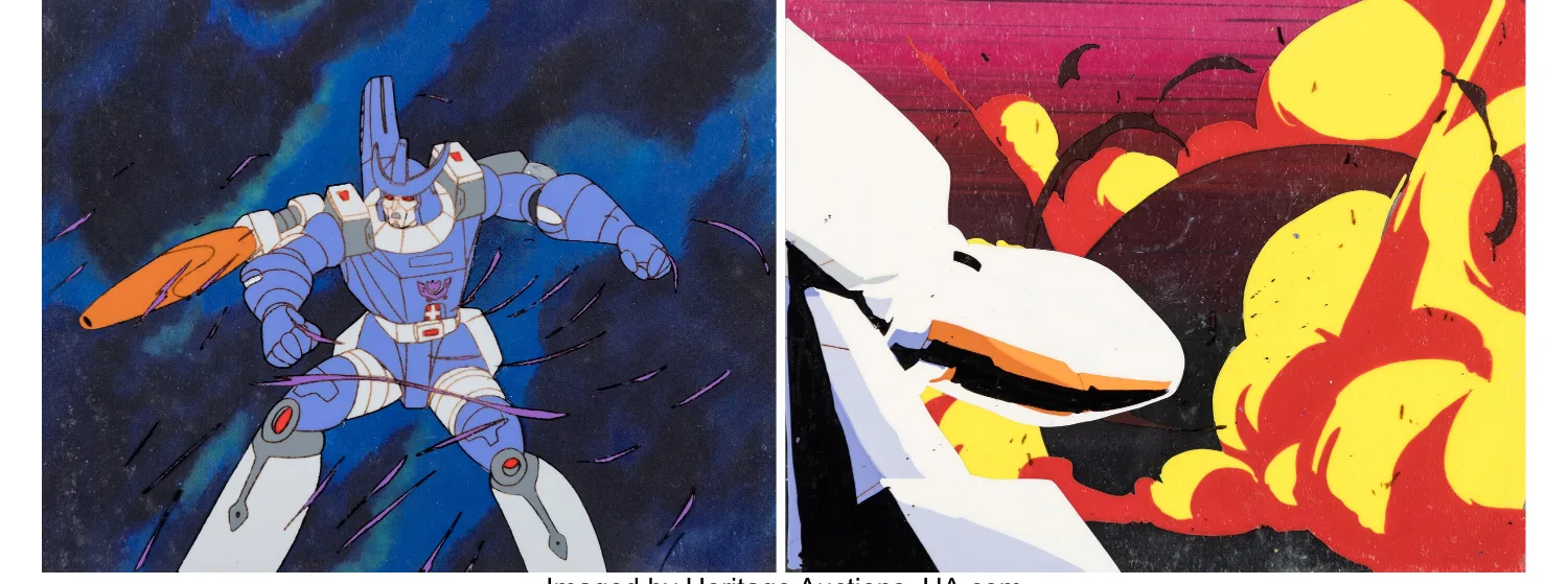 Transformers "Webworld" Galvatron Production Cel Pair with Animation and Layout Drawings Group of 4
