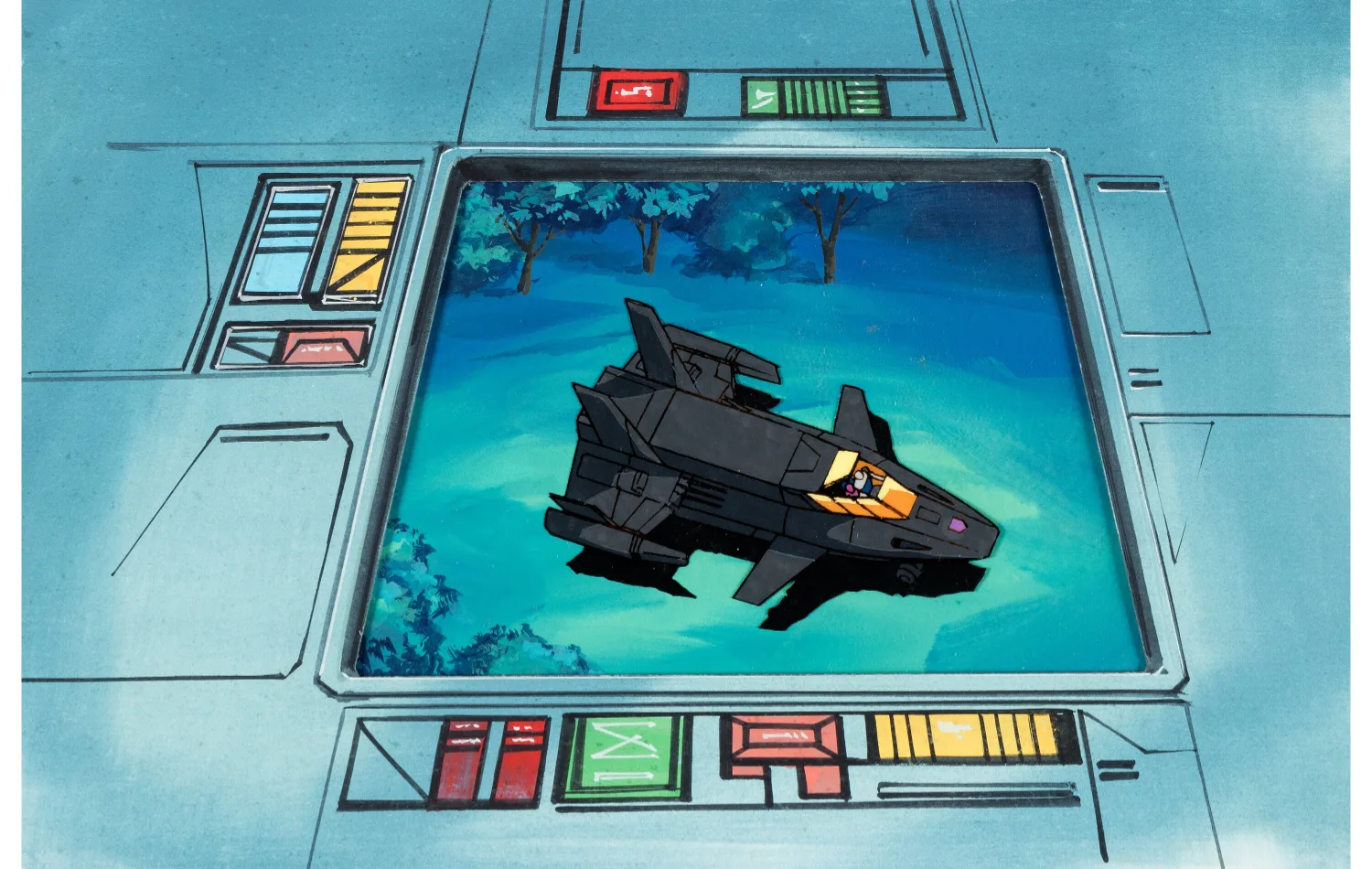 The Transformers Megajet Production Cel Setup with Key Master Background and Animation Drawing