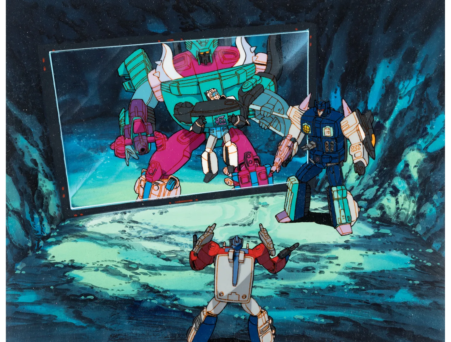 Transformers: Masterforce "Showdown at the Destron Base" King Poseidon, Siren, Optimus, and Overlord Production Cel with Key Master Background
