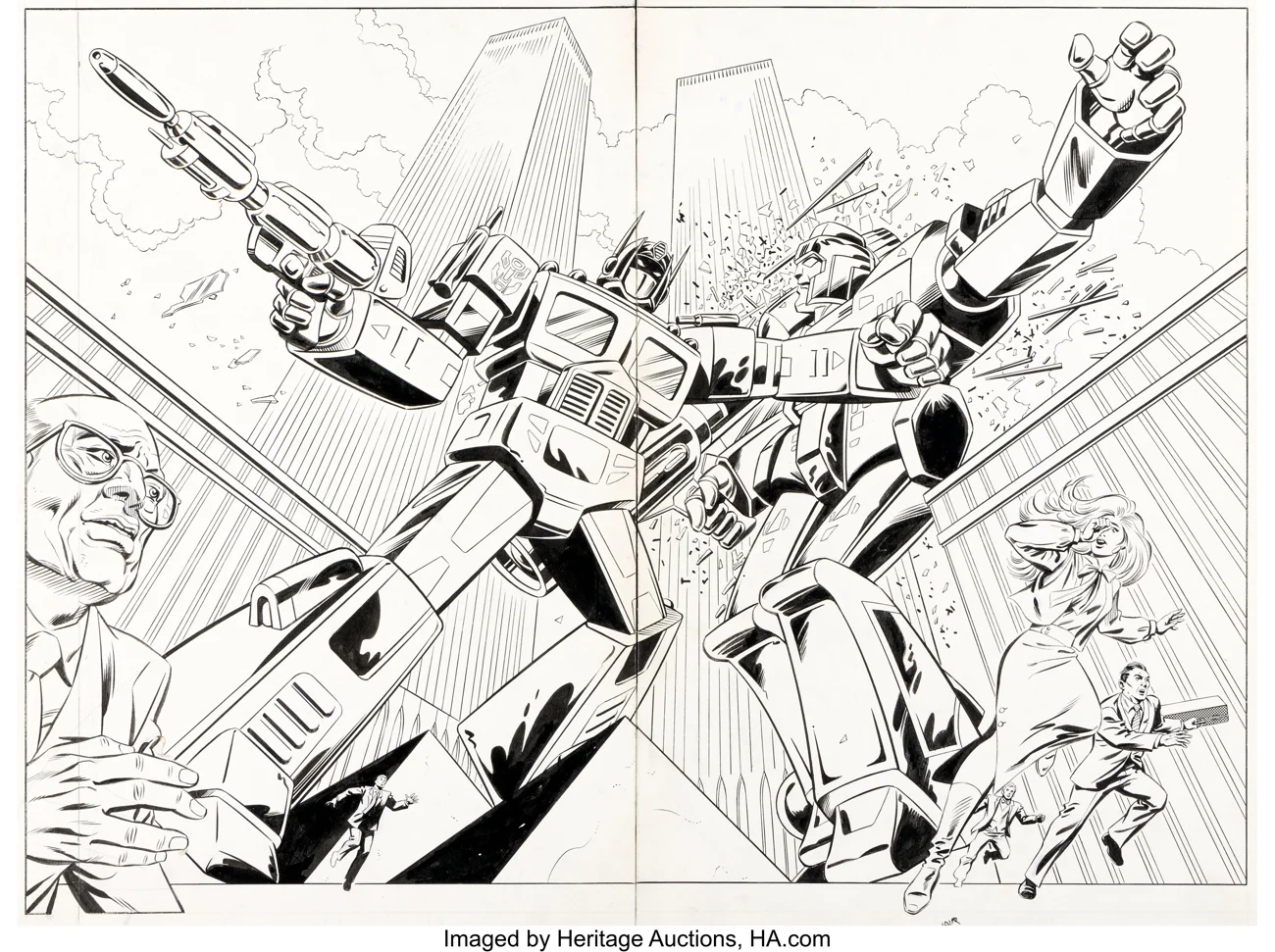 Transformers #73 Optimus Prime vs Megatron Double-Page Pin-up Original Art (Alan Kupperberg & Dave Hunt, Marvel)