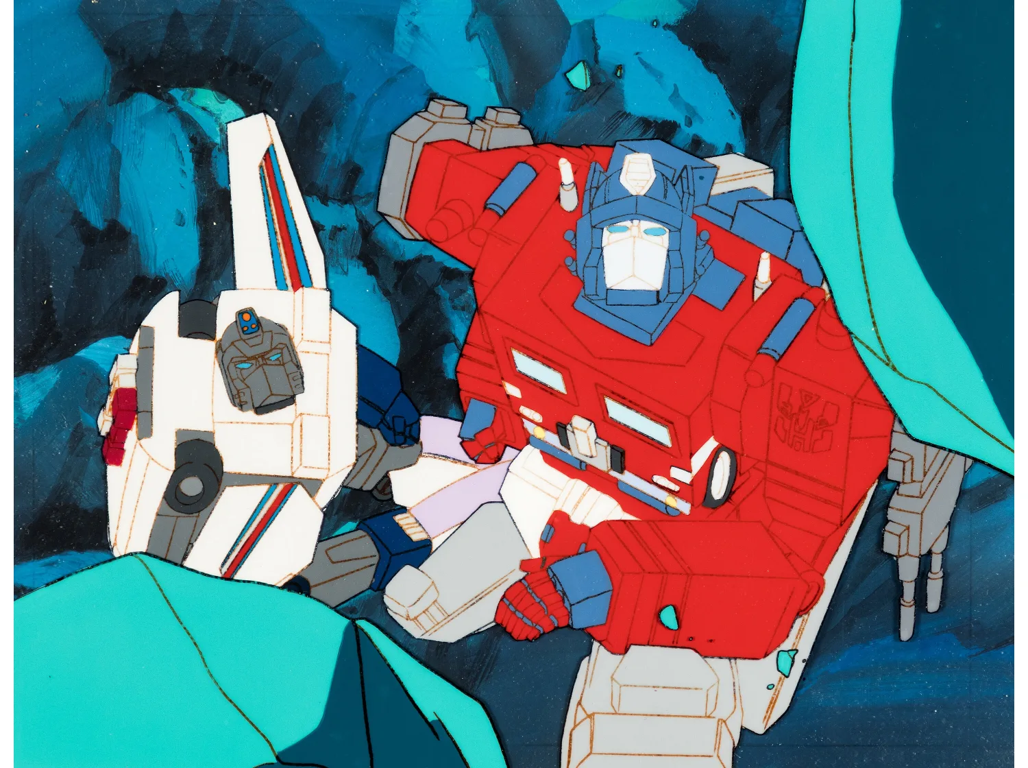 Transformers: Masterforce "Escape!! The Exploding Underwater Volcano" Super Ginrai and Lightfoot Production Cel Setup with Key Master Background