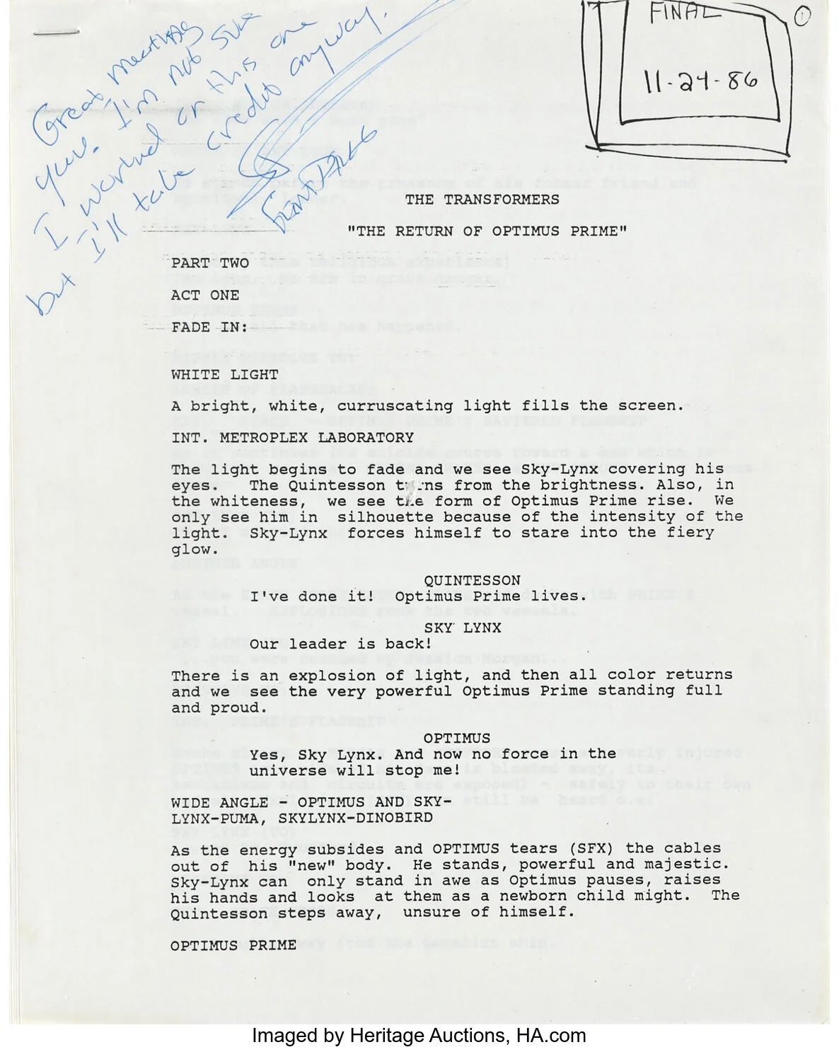 The Transformers Original TV Script for The Return of Optimus Prime