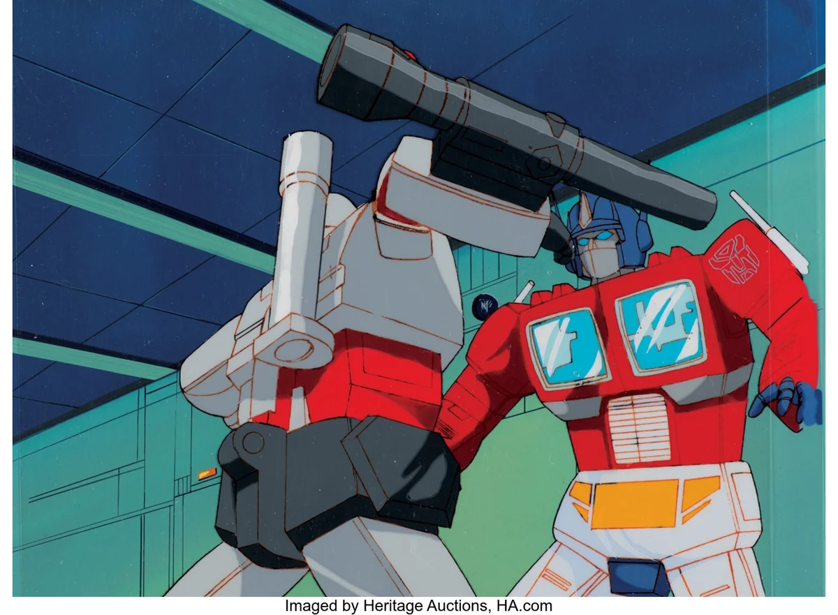 Optimus Prime vs. Megatron Production Cels on a Matching Production Background (Sunbow/Marvel, 1980s)