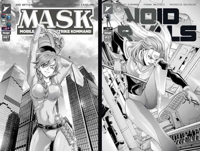 The manga variant covers for M.A.S.K. issue 7 and Void Rivals issue 37, both drawn by Satoshi Shiki in black and white with screentone shading