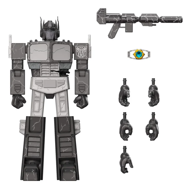 Super7 ULTIMATES Wave 4 Fallen Leader Optimus Prime in grey with cracked battle damage, shown with his rifle, the Matrix of Leadership and five alternate hands