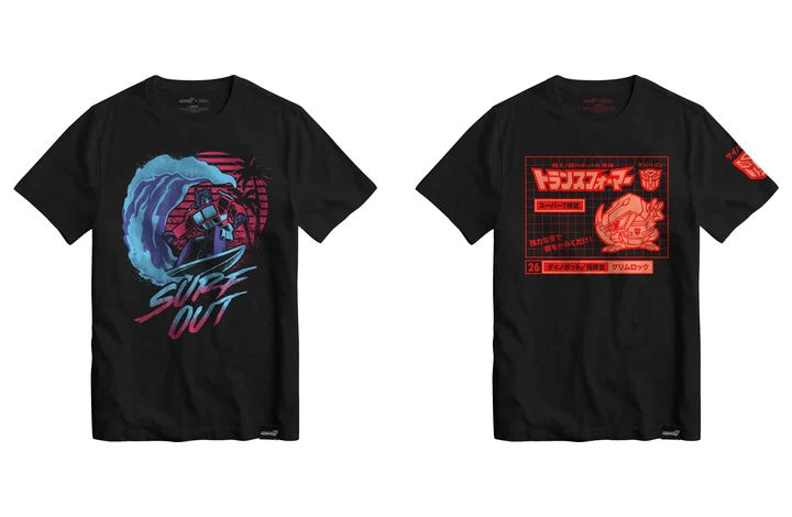 The two Transformers products Super7 can sell you today: the Optimus Prime Surf Tee and the Poster tee, both $30.