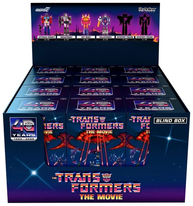 Super7 retail display of twelve Transformers The Movie blind boxes, its header card printing the odds for Optimus Prime, Megatron, Hot Rod, Galvatron and two mystery figures