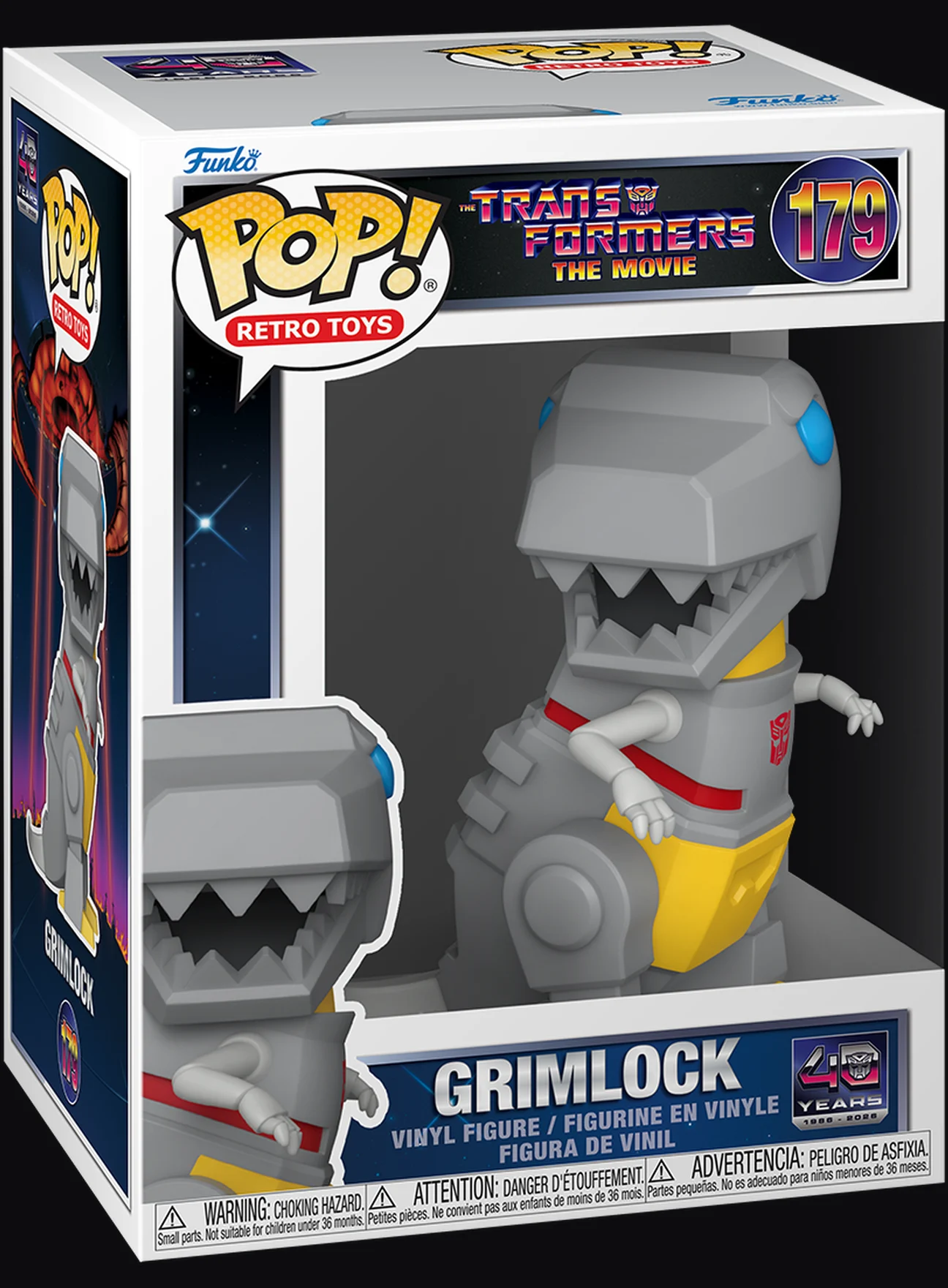 The Funko Pop Retro Toys Grimlock box, numbered 179, with a Transformers: The Movie logo across the top and a 40 Years 1986 to 2026 roundel at the bottom right.