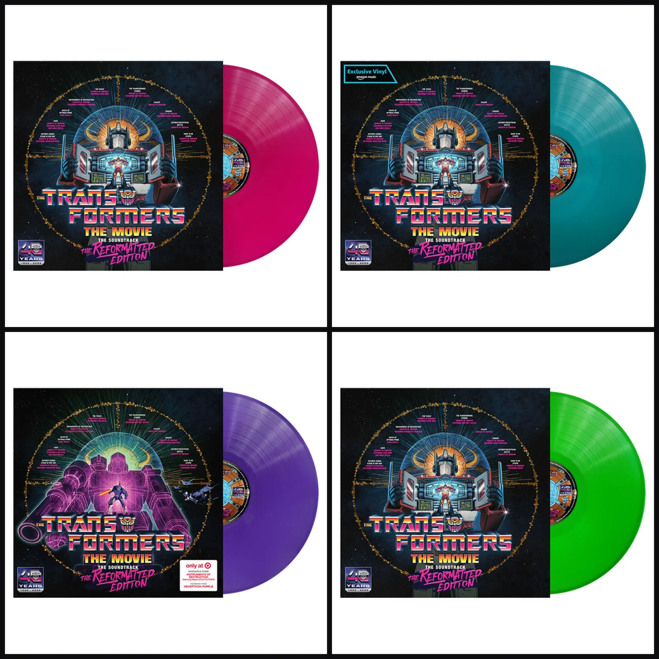 Four pressings of The Transformers: The Movie Reformatted Edition soundtrack, showing Energon hot pink, Primus teal, Decepticon purple and Quintesson green vinyl beside their sleeves.