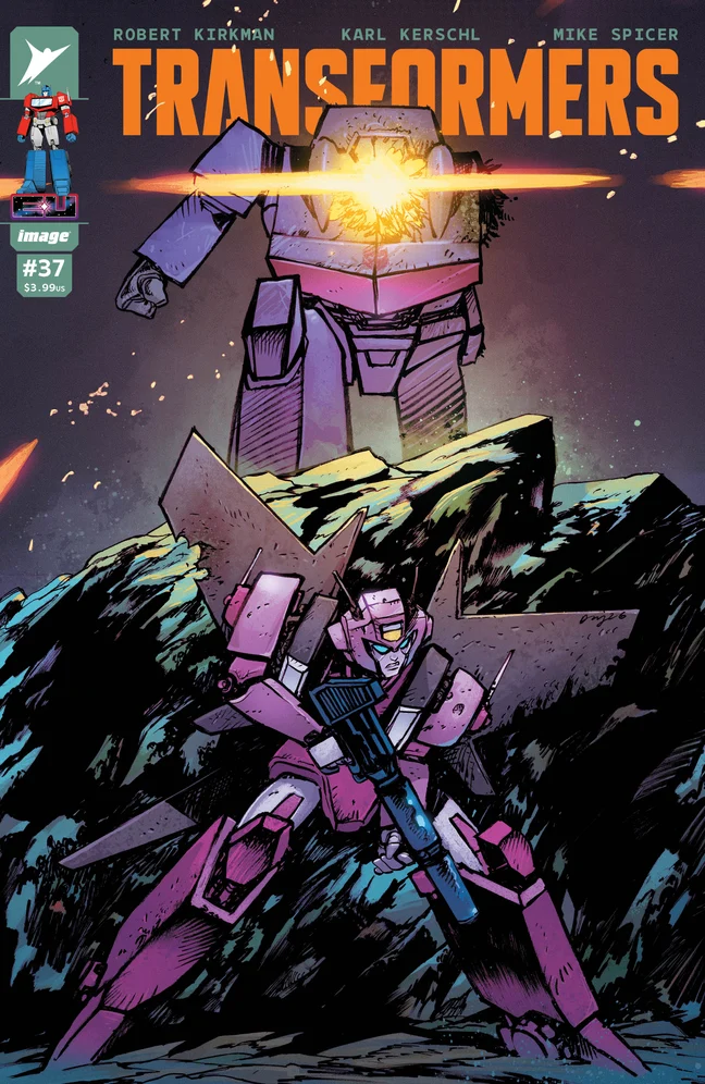 Cover B for Transformers #37 by Daniel Warren Johnson and Mike Spicer. A pink and purple Autobot crouches behind a dark rocky ridge holding a long rifle across her body. Behind and above her a large purple figure stands with no head, a burst of yellow light burning across the neck, against a dark violet sky with falling embers.