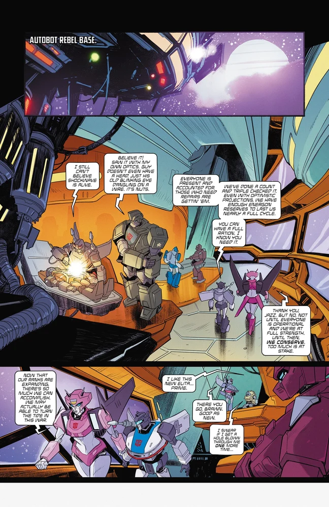 Interior page from Transformers #37. A wide establishing panel captioned AUTOBOT REBEL BASE shows a docking structure against a purple planet. Below it, a repair bay lit orange, where a red Autobot works at a bench, a tan armoured Autobot stands beside him, and a pink Autobot with wing panels stands at the right talking to the group. In the bottom panel the pink Autobot speaks while a white and blue Autobot works on a green Autobot's arm.