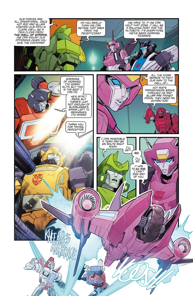 Interior page from Transformers #37. Top panel: a green Autobot briefs a pink Autobot and a white and blue Autobot. Left panel: a grey and red Autobot with a microscope mounted on his head stands over a yellow Autobot laid flat on a slab, lit from one side. Right panels: a close-up of the pink Autobot's face, and a red Autobot raising one arm. Bottom: the pink Autobot transformed into a winged vehicle with thrusters firing, rising away from two Autobots on the ground.