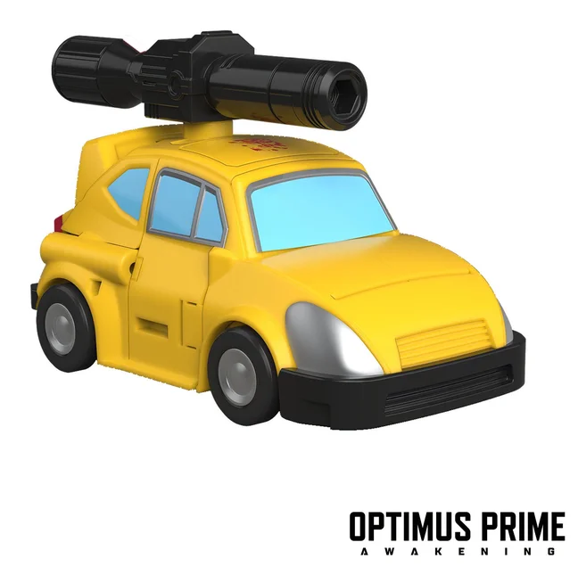 Awakening Bumblebee in car mode on white: a yellow compact car with silver headlights, a black front bumper, blue-tinted glass, the same scratched dark red Autobot sigil printed on the roof, and the black cannon mounted above it.