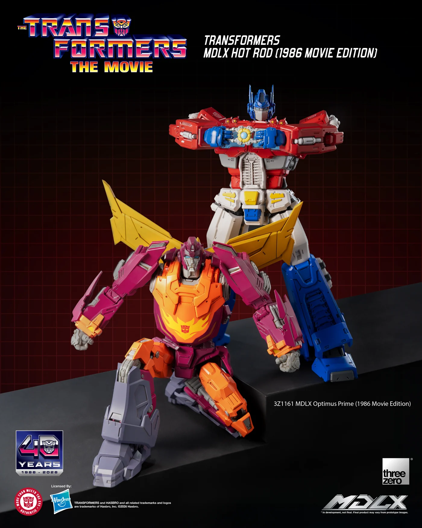 threezero's MDLX Hot Rod (1986 Movie Edition) kneeling in front of the MDLX Optimus Prime (1986 Movie Edition), which threezero's own caption labels 3Z1161.