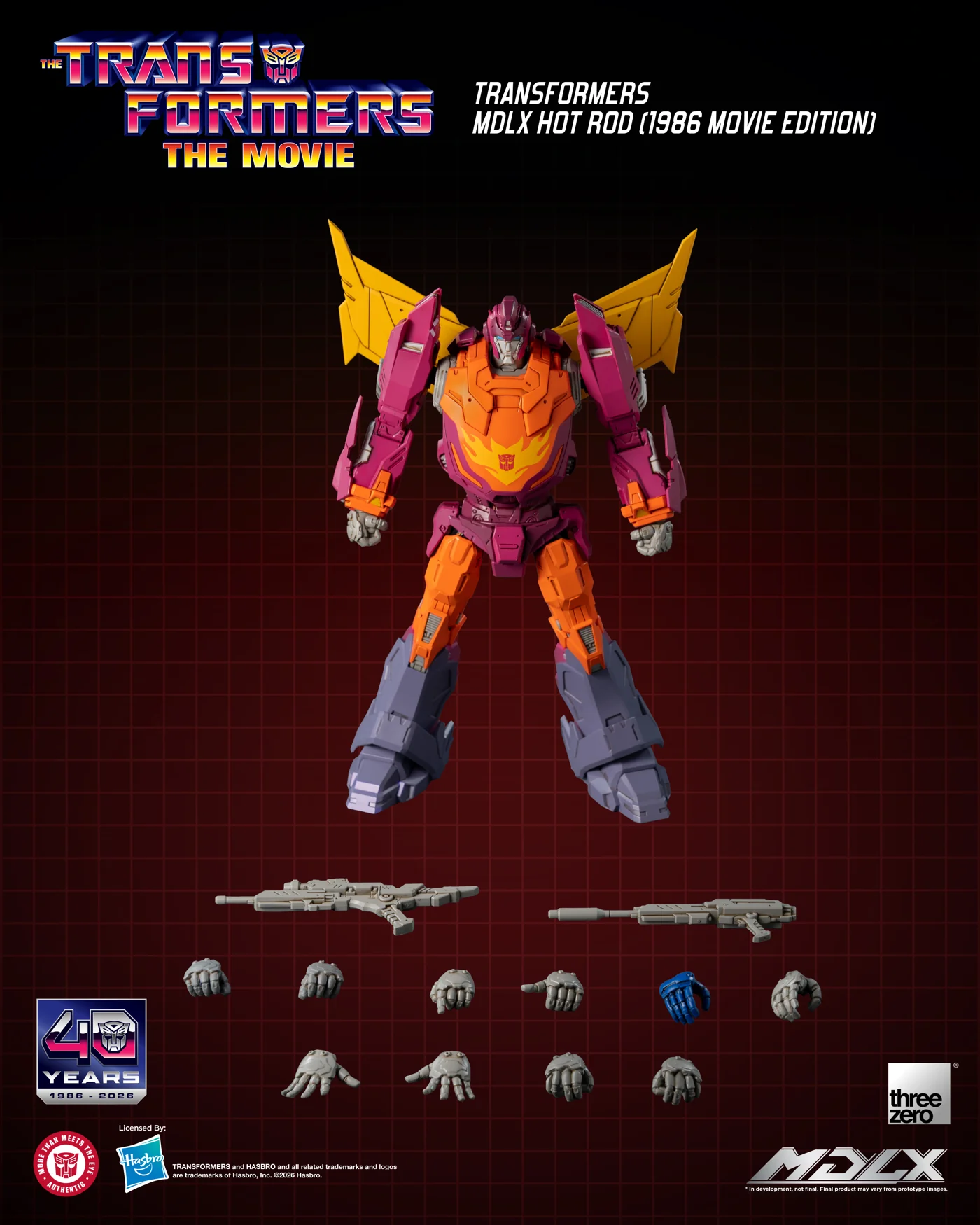 The Hot Rod parts layout, with the two blasters, the combined rifle and ten hands, one of them blue.