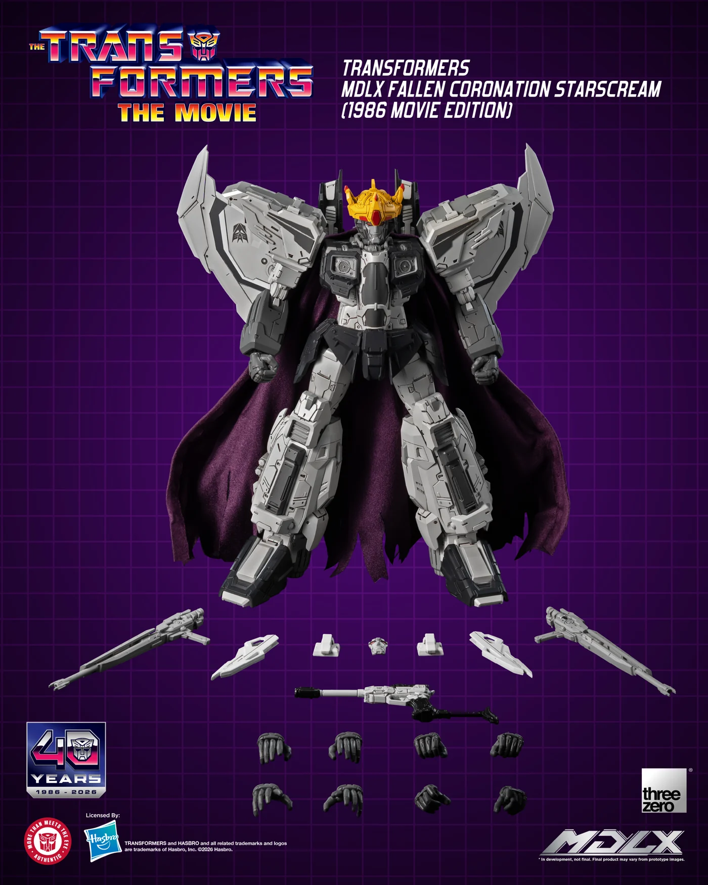 The Starscream parts layout: two faceplates, a wing backpack, two laser cannons, two short blades, the Megatron Alt-mode Blaster and eight hands.