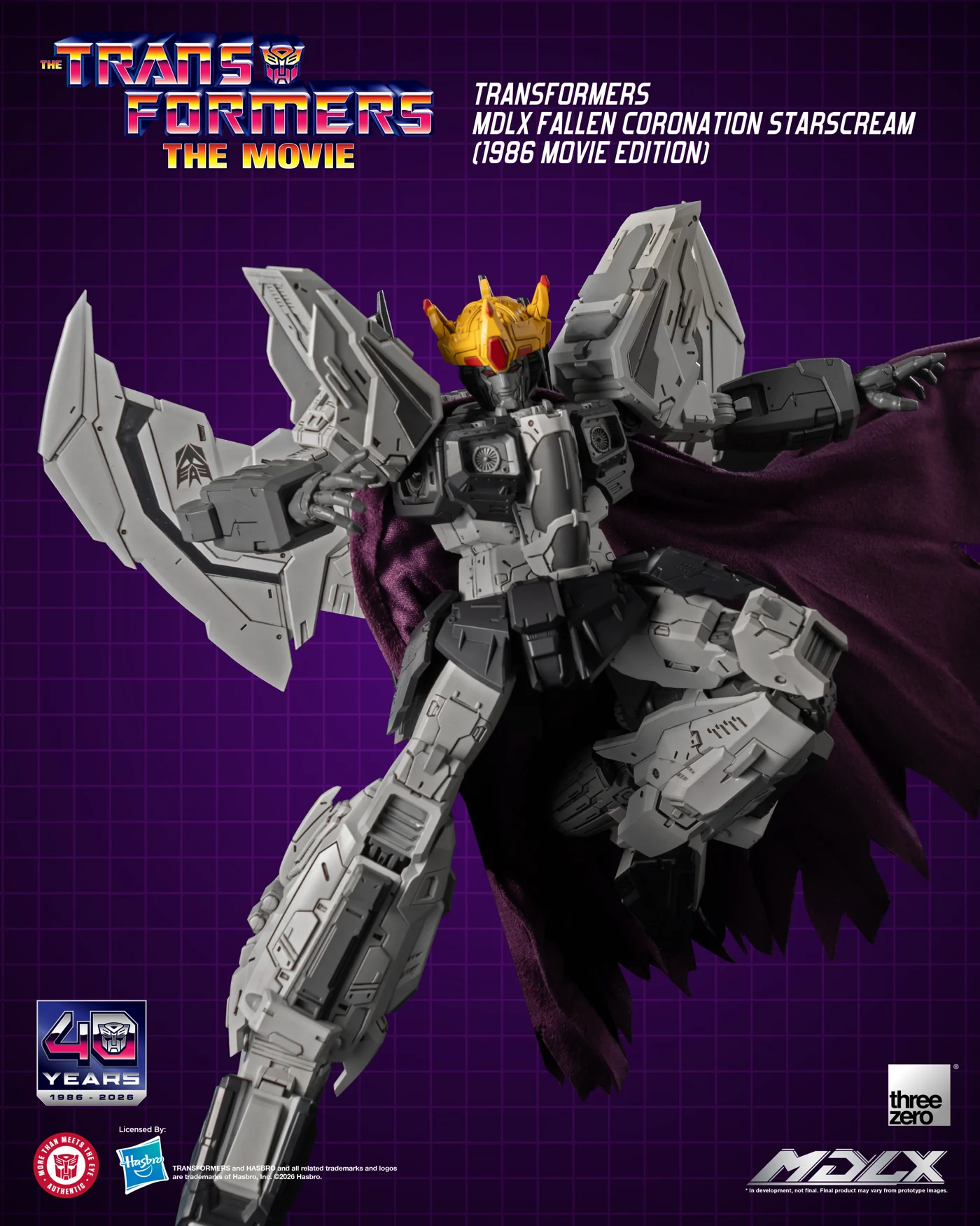 threezero's MDLX Fallen Coronation Starscream (1986 Movie Edition) in greyish white, wearing the gold crown and the fabric cape.