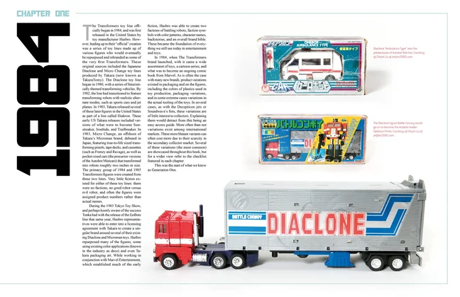 A spread from chapter one of the book, headed CHAPTER ONE with a large sideways 1984 down the left edge. Three columns of text on the left; on the right, a boxed Diaclone Ambulance Type in worn Japanese packaging, a boxed Diaclone Battle Convoy, and below them a loose red and grey Battle Convoy tractor unit with a silver trailer reading DIACLONE in red block letters.