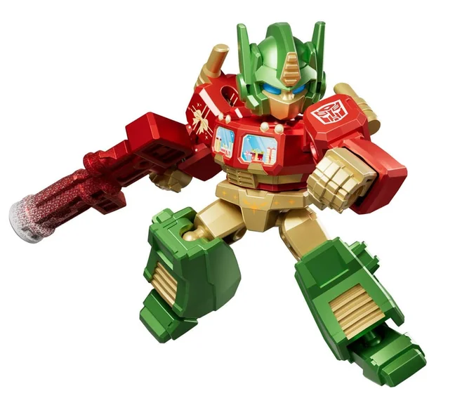 The Christmas exclusive Optimus Prime from the Blokees advent calendar, in red, green and gold with a green helmet, holding a glittered red rifle capped in frosted grey.