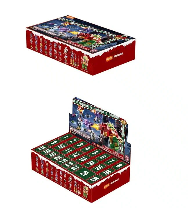 The advent calendar packaging, showing the numbered doors one to twenty-five across the lid and the printed character line-up along the side.