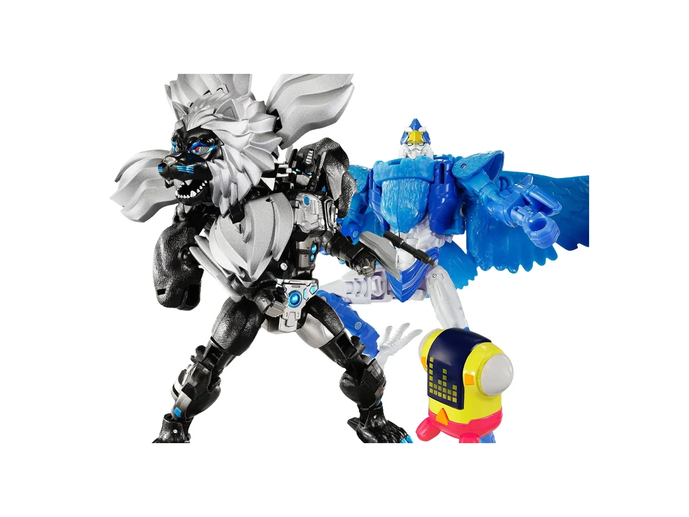Dark Amber Leo Prime in robot mode in black and silver, the blue hawk Blue Bolt beside him, and the small yellow and navy Navi robot in front