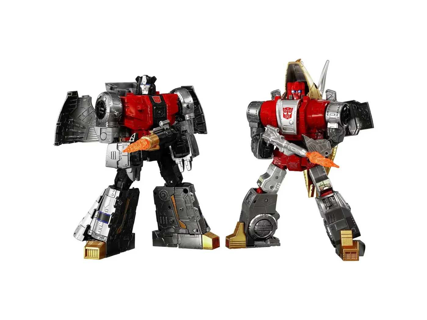 Slug and Sludge in robot mode, both in red, gold and gunmetal, each holding a weapon with an orange flame effect part attached