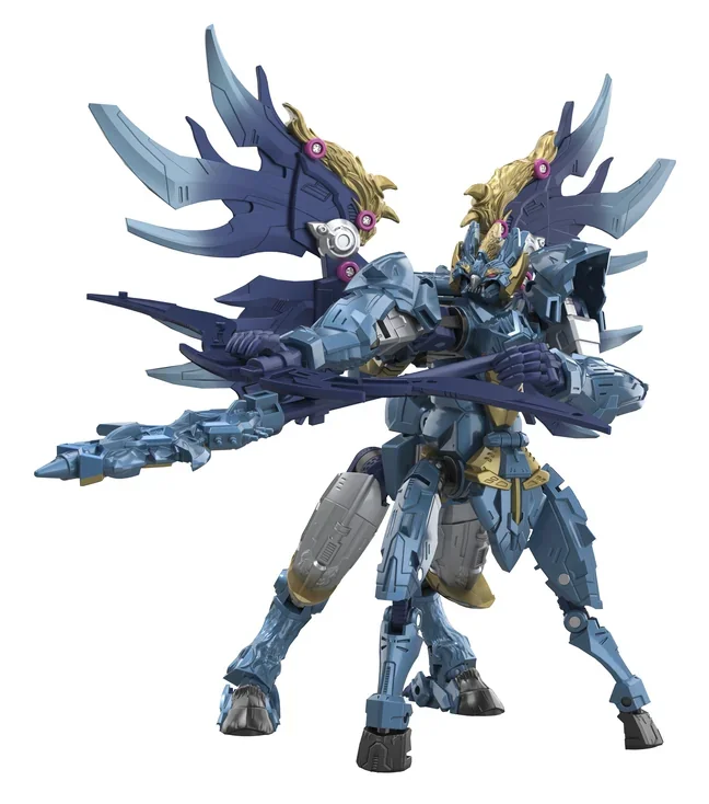 Hasbro Transformers Age of the Primes Leader Class The Thirteen Onyx Prime The Deceiver action figure in robot mode, a blue and gold winged figure holding a long blade across its body