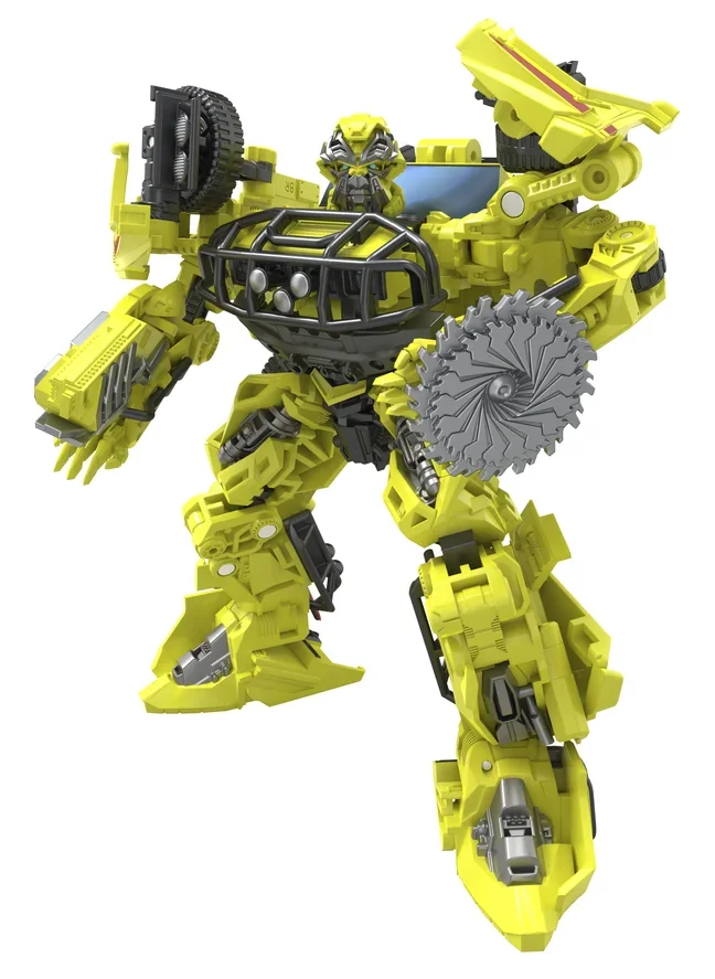 Hasbro Transformers Studio Series Transformers 2007 Voyager Class Autobot Ratchet action figure in robot mode, a yellow Hummer H2 robot with a grey circular buzzsaw mounted on one arm