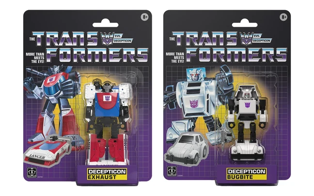 The Exhaust and Bug Bite blister cards side by side, both on the purple and yellow G1 grid backer with the chrome Transformers logo and a yellow Decepticon name panel.