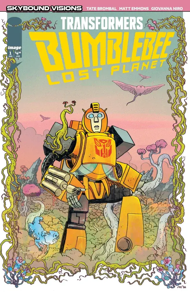 Cover A of Transformers: Bumblebee - Lost Planet number 1, drawn by Matt Emmons. Bumblebee stands waist deep in pink and green alien undergrowth under a pink sky, a vine curling across his shoulder, winged creatures overhead and a small blue animal beside his leg. A Skybound Visions banner across the top names Tate Brombal, Matt Emmons and Giovanna Niro.
