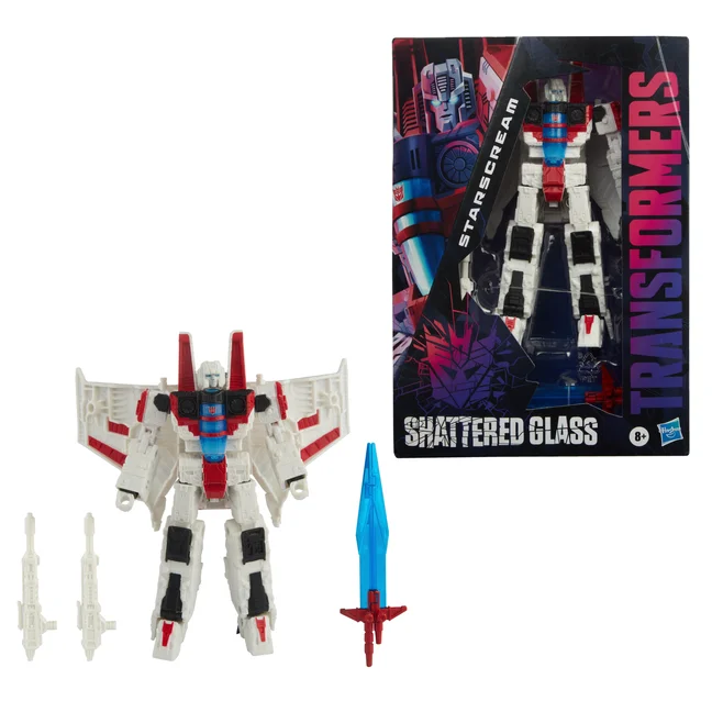 The Shattered Glass Starscream figure in robot mode beside its two white blasters, a blue Energon sword, a red Energon sword, and the packaged box.