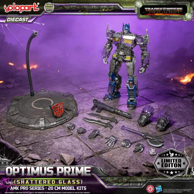 The Shattered Glass Optimus Prime standing behind his Energon base and stand, with the Ion Blaster, the Energon Axe, the swords and the interchangeable hands laid out on the ground beside him.