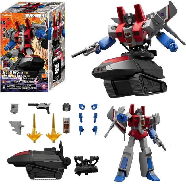 The Blokees Starscream and H.I.S.S. Tank box beside the built Starscream figure, the black tracked tank, two yellow thruster effect parts, a null ray, an alternate face, an alternate cockpit canopy and a set of interchangeable blue hands.