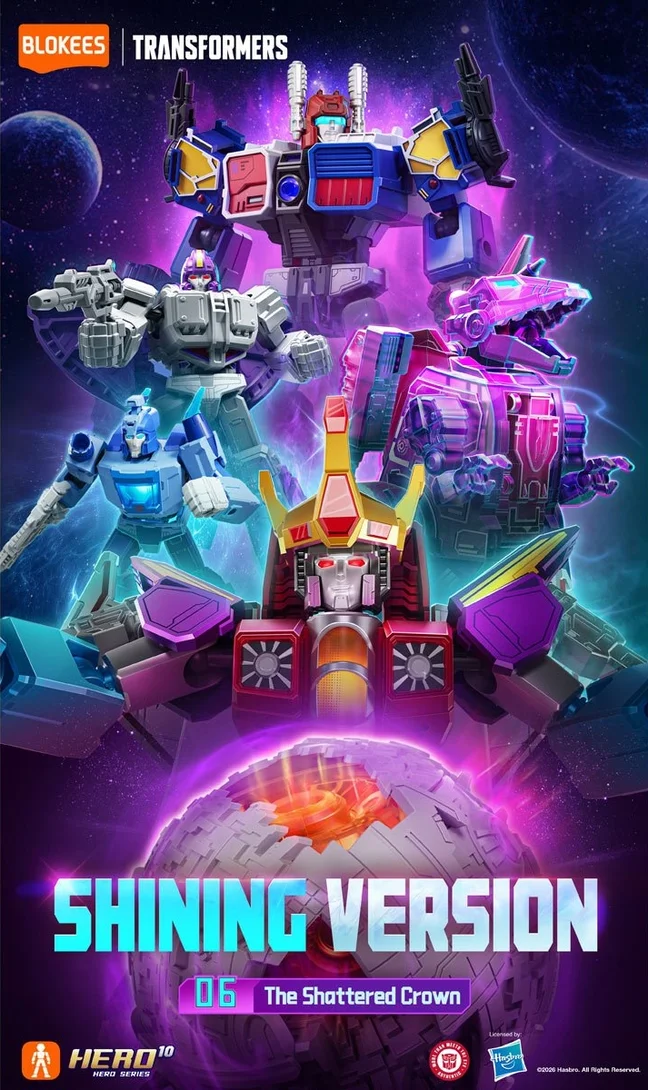 Blokees key art for Shining Version 06 reading The Shattered Crown, with Emperor Starscream in a gold crown at centre and the planet Cybertron below as a lit sphere with a glowing core.