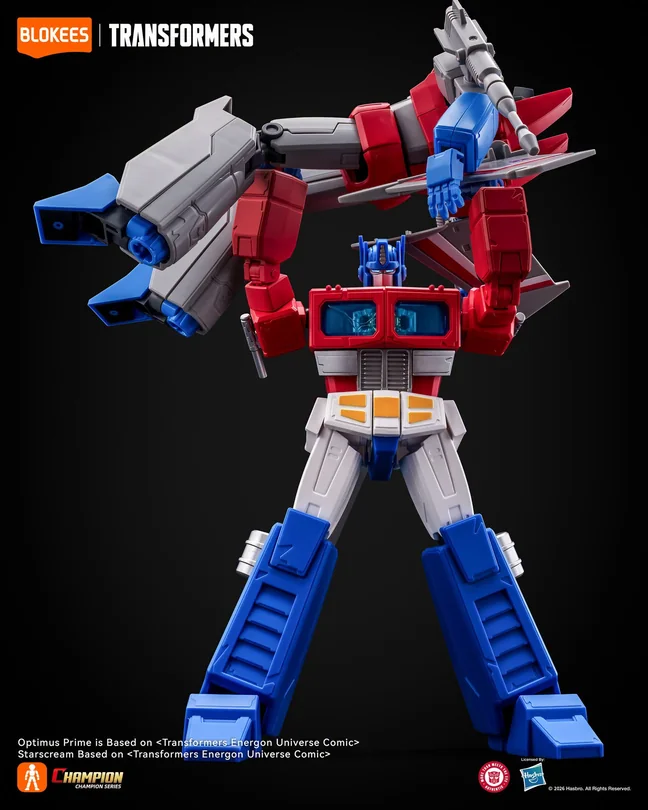 Blokees official art of the Champion Class Optimus Prime kit standing in front of the companion Starscream kit, which holds a null ray above him, both on a black ground.