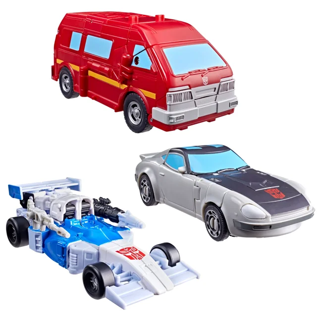 The three alt modes on a white ground: Ironhide as a red van, Mirage as a white and blue open-wheel race car, and Bluestreak as a silver sports car with a black bonnet.