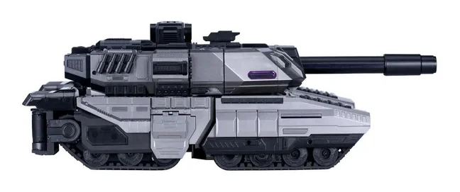Robosen's Megatron in tank mode photographed in profile on white: a grey and black tracked tank with a long barrel extending to the right and a purple Decepticon port on the turret side.