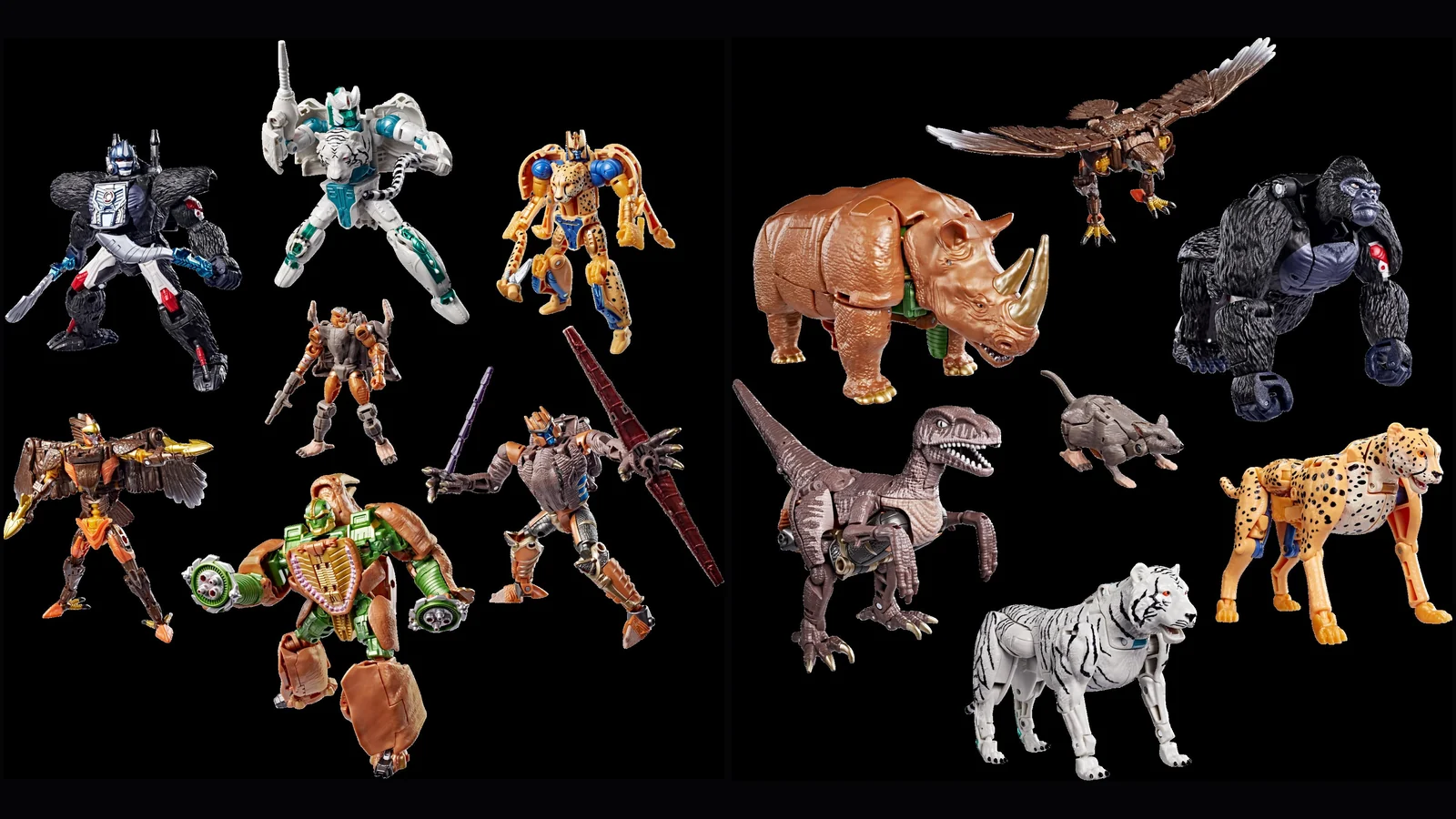 All seven Maximals from the Beast Wars Maximal Collection, robot modes at left and beast modes at right