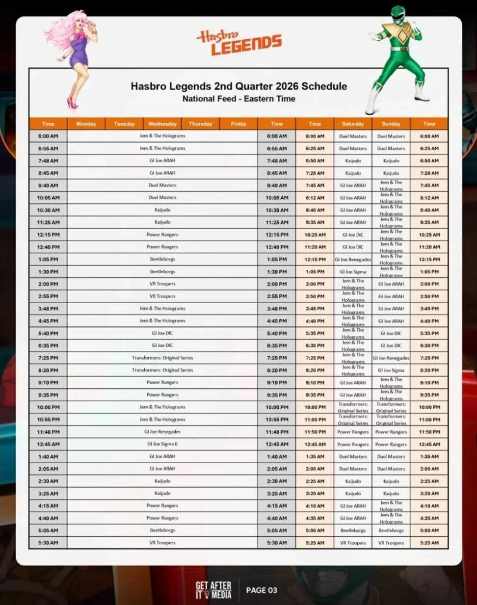 The full Hasbro Legends 2nd Quarter 2026 national schedule sheet, Eastern Time, listing weekday, Saturday and Sunday programming