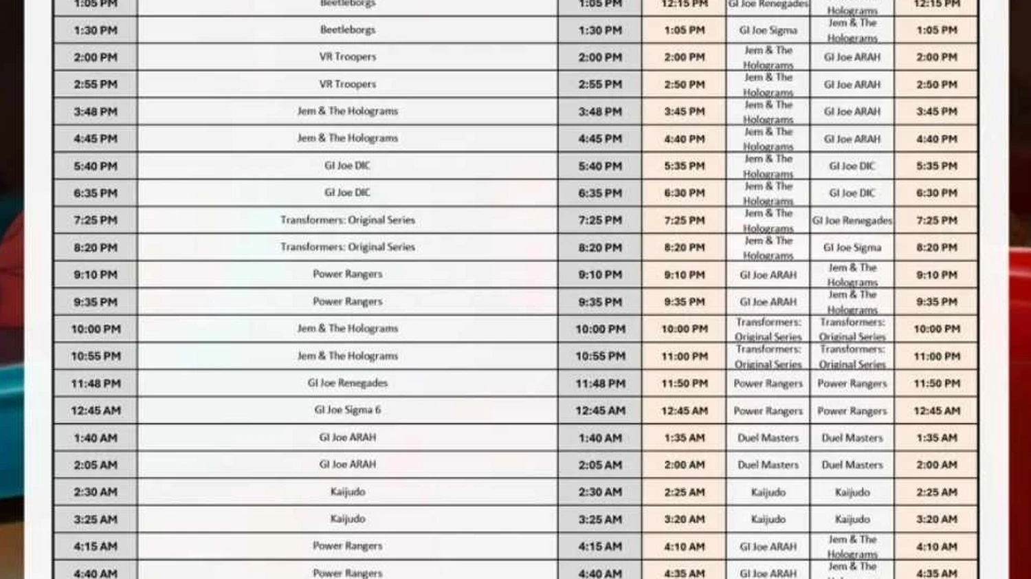 Detail from the Hasbro Legends national schedule showing Transformers: Original Series at 7:25 PM and 8:20 PM on weeknights and at 10:00 PM and 11:00 PM on Saturday and Sunday