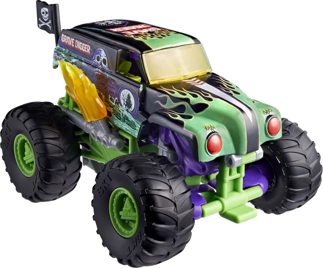 Grave Digger Grim in monster truck mode, a green and black Grave Digger-liveried truck with pale grey flame graphics across the hood and flanks, magenta GRAVE DIGGER lettering on the side, red headlights, a yellow-tinted windscreen, a skull and crossbones flag on a mast at the rear, and black BKT tires on green rims