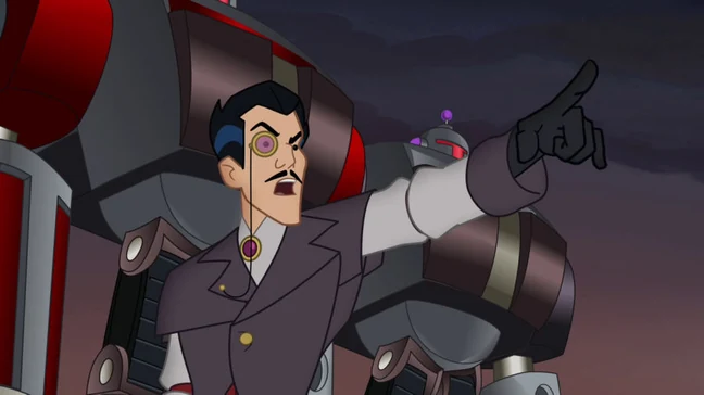 Doctor Morocco shouting an order with his arm outstretched and finger pointing, monocle glinting, standing in front of two large grey and purple MorBot robots under a dark sky.