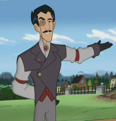 Doctor Morocco in his first appearance, a tall thin man with slicked black hair, a waxed moustache and a purple monocle, wearing a grey Victorian suit with a red cravat and a jewelled brooch, one arm swept out in a showman's presenting gesture on a suburban lawn.