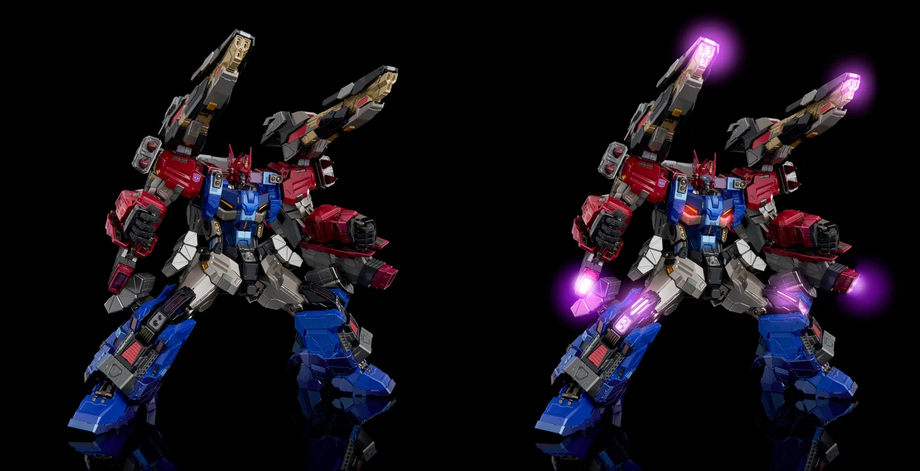 The same Shattered Glass Ultra Magnus pose photographed twice side by side, LEDs off on the left and LEDs lit purple at the shoulder cannon tips and fists on the right.