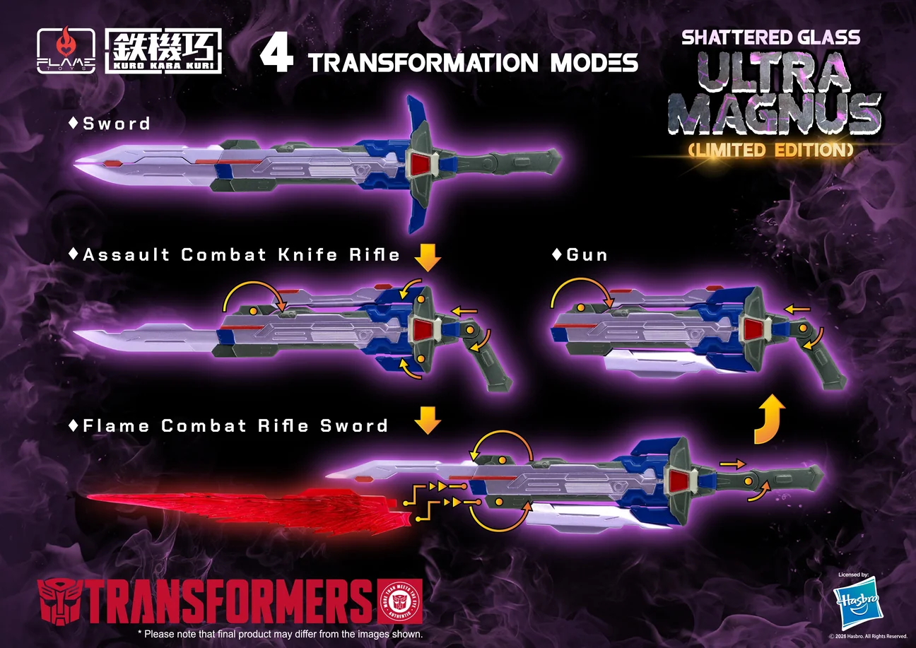 Flame Toys accessory sheet showing the Shattered Glass Ultra Magnus sword in four configurations: Sword, Assault Combat Knife Rifle, Gun, and Flame Combat Rifle Sword with a red energy blade.