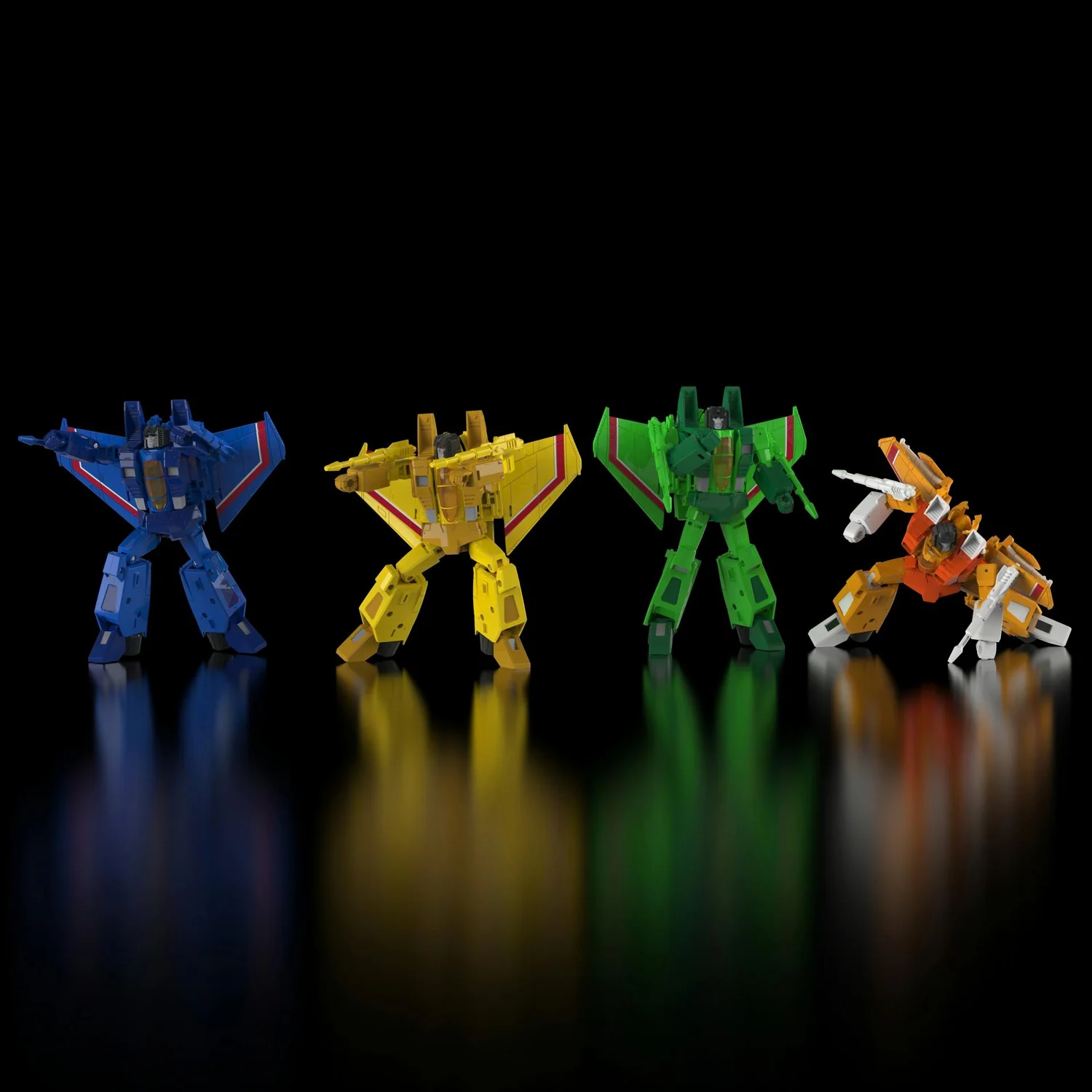 The four Seekers in the Studio Series G1 Storm Pack in robot mode: Ion Storm in blue, Nova Storm in gold, Acid Storm in green, and Sunstorm in orange