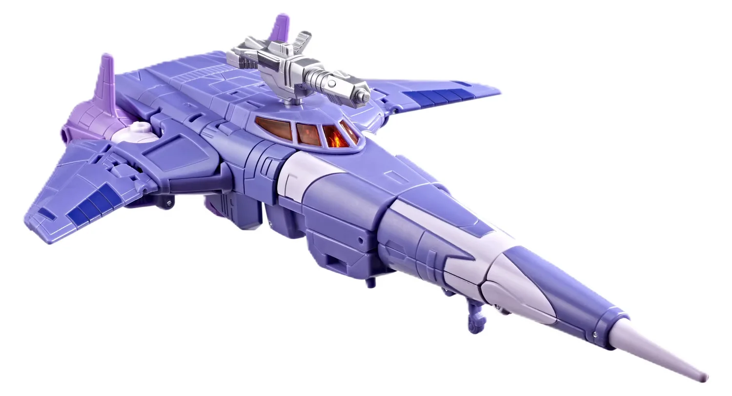 Official Hasbro product photograph of the Studio Series 86 Voyager Class Cyclonus figure in its Cybertronian jet mode, a purple and light grey swept-wing craft with an orange cockpit canopy and a silver blaster mounted on top