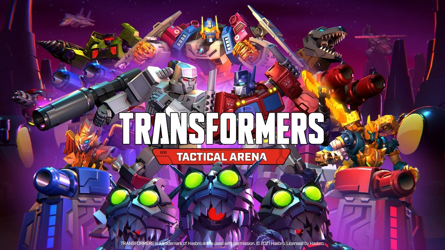 Official key art for TRANSFORMERS: Tactical Arena, with Megatron and Optimus Prime at the centre in front of the game logo, surrounded by other Transformers characters and turret defenders