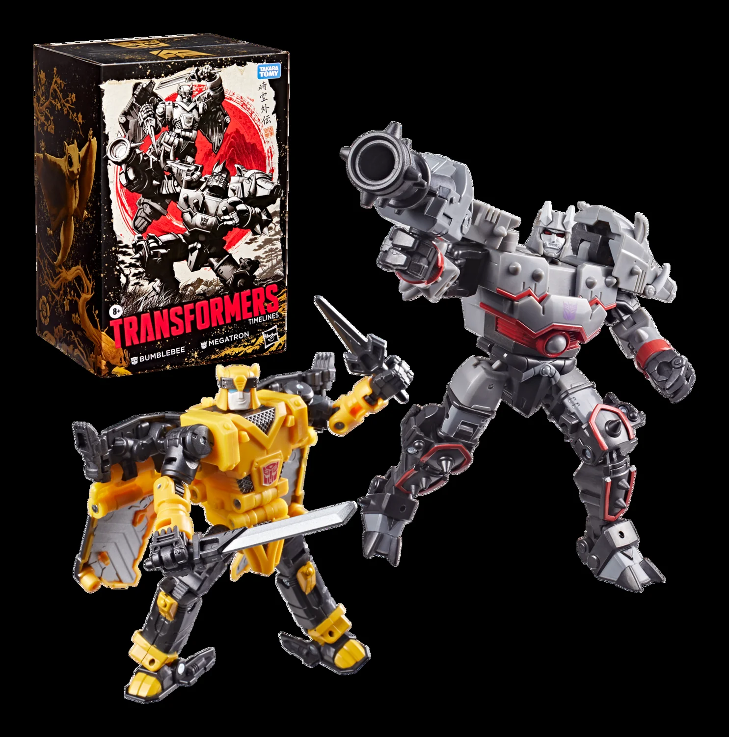 The Transformers Timelines samurai two-pack, showing a yellow and black Bumblebee figure holding a sword on the left and a grey samurai Megatron with a shoulder-mounted arm cannon on the right, next to the black and red Timelines package art labelled Bumblebee and Megatron