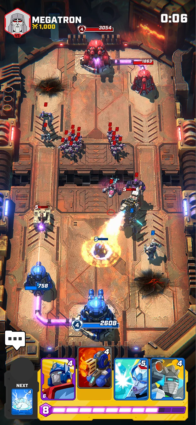 A Transformers: Tactical Arena match in progress, showing a three lane arena with turrets, unit icons mid battle, a countdown clock reading six seconds and a hand of cards along the bottom of the screen